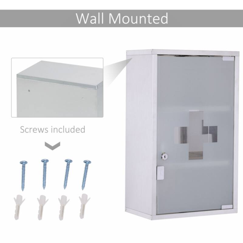 Locking Wall Cabinet with 3 Tier Shelves, Stainless Steel Frame and Glass Door, Lockable with 2 Keys, Silver, 12" x 20"