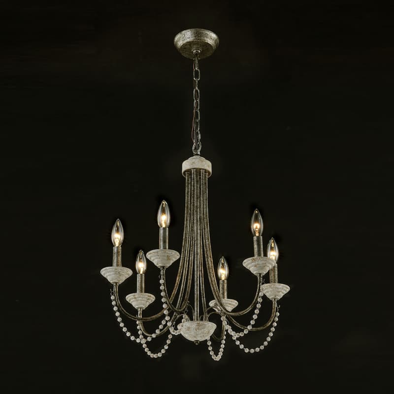 6-Light 20" Rustic French White Antiqued Wood Beaded Chandelier Light for Dining Room, Living Room