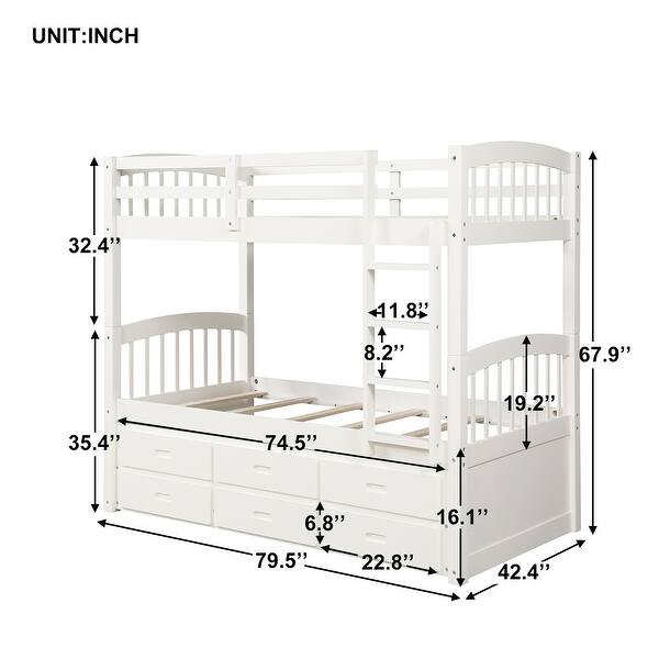 Nestfair Twin Over Twin Wood Bunk Bed with Trundle and Drawers