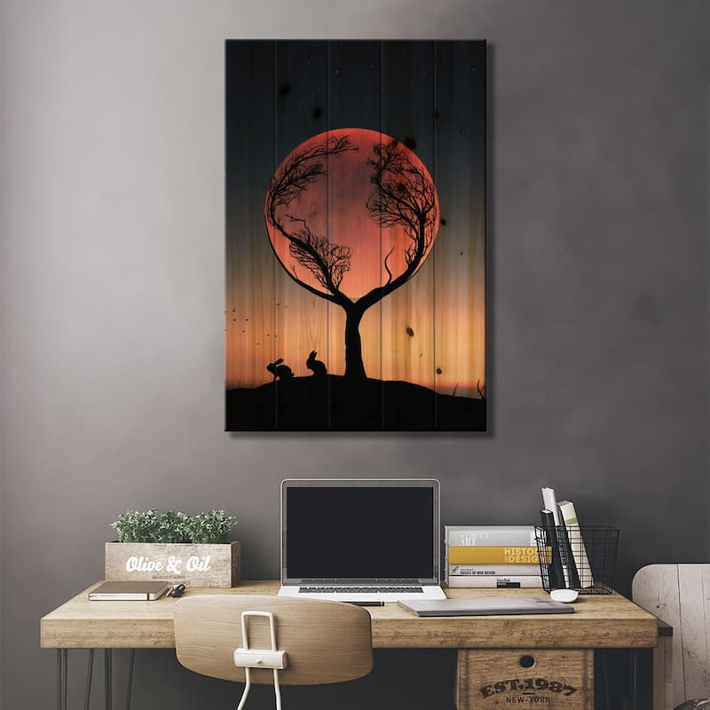 Rabbit And Full Moon Print On Wood by Abdullah Evindar - Multi-Color