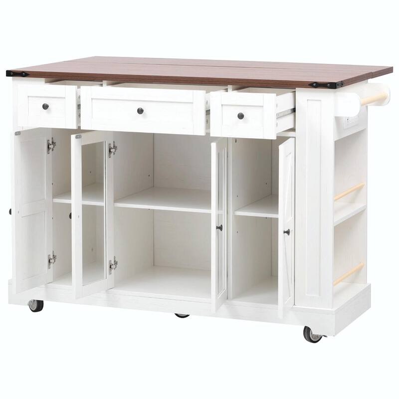 53'' Rolling Farmhouse Kitchen Island - Two Glass Cabinet Doors with Power Outlet