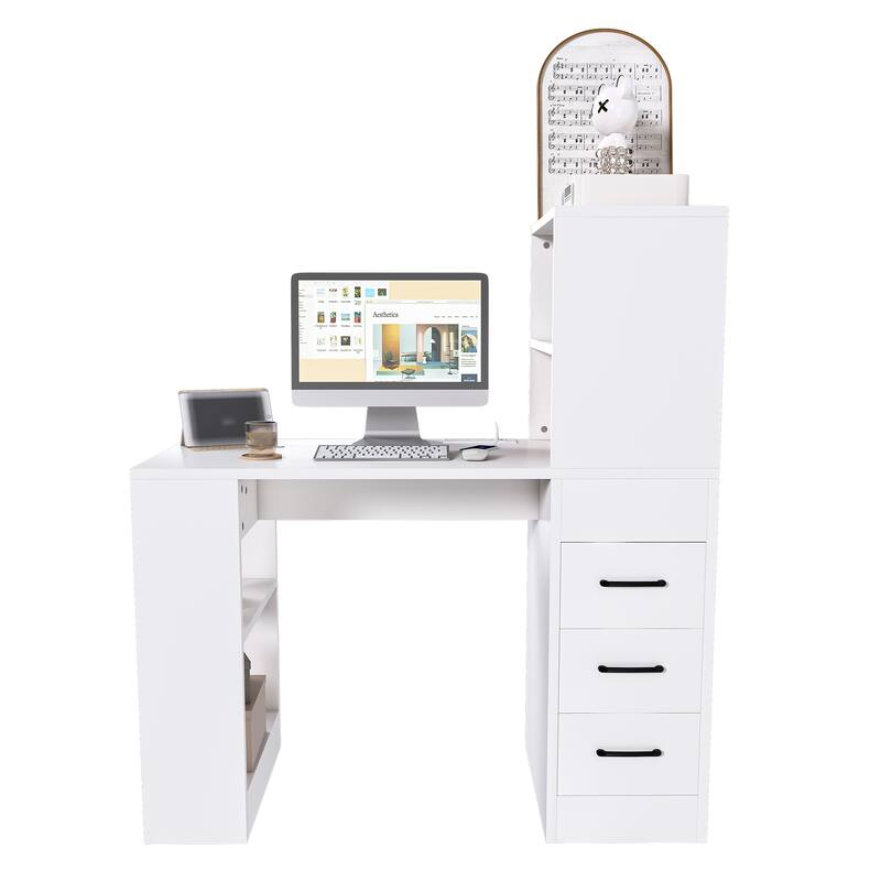 White Computer Desk with 3 Slide Storage Drawers and 4 Open Shelves for Home or Office Workstation