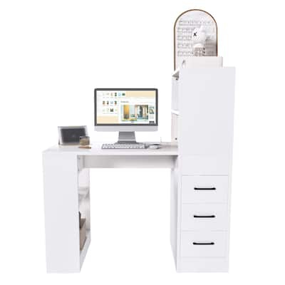 White Computer Desk with 3 Slide Storage Drawers and 4 Open Shelves for Home or Office Workstation