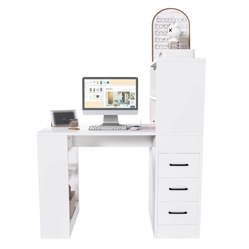 White Computer Desk with 3 Slide Storage Drawers and 4 Open Shelves for Home or Office Workstation
