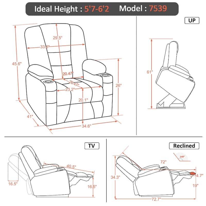 MCombo Large Lift Recliner Chair with Massage and Heat for Elderly, Extended Footrest, Cup Holders, USB Ports, Faux Leather 7539