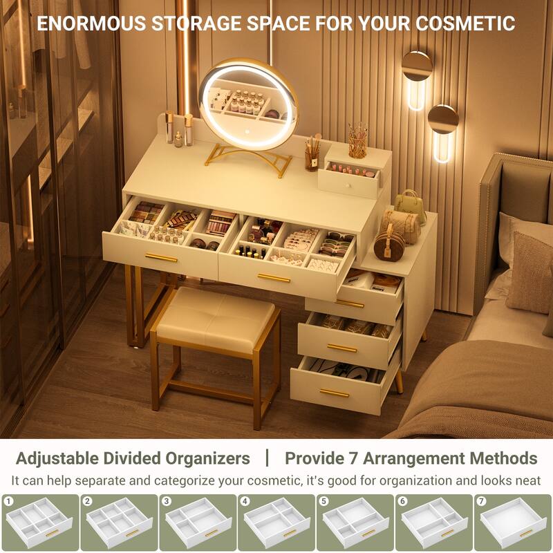 Makeup Vanity Desk with Stool and LED Mirror, Modern Makeup Table Vanity Desk with 6 Storage Drawers