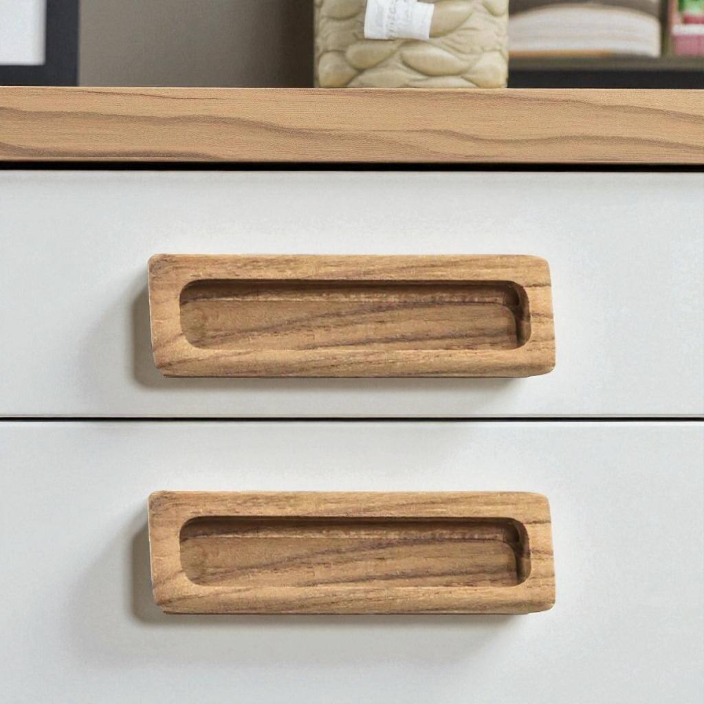 HomeRoots Set of Two Brown Teak Wood Drawer Pull Knobs - 4.5 in. x 0.5 in. x 1.25 in.