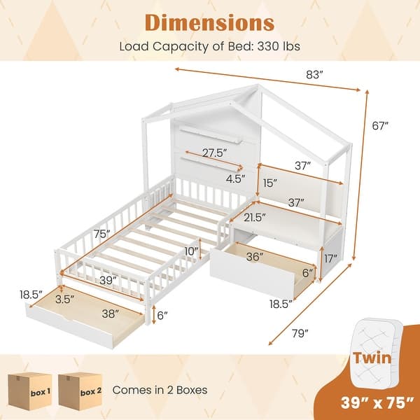 dimension image slide 1 of 2, Gymax Twin Size House Bed Kids Platform Bed w/ Padded Bench & Floating