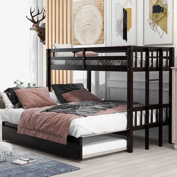 slide 2 of 13, Contemporary Style Twin Size over Pull-out Bunk Bed with Trundle,Built-In Ladder and Full-Length Guardrail Espresso