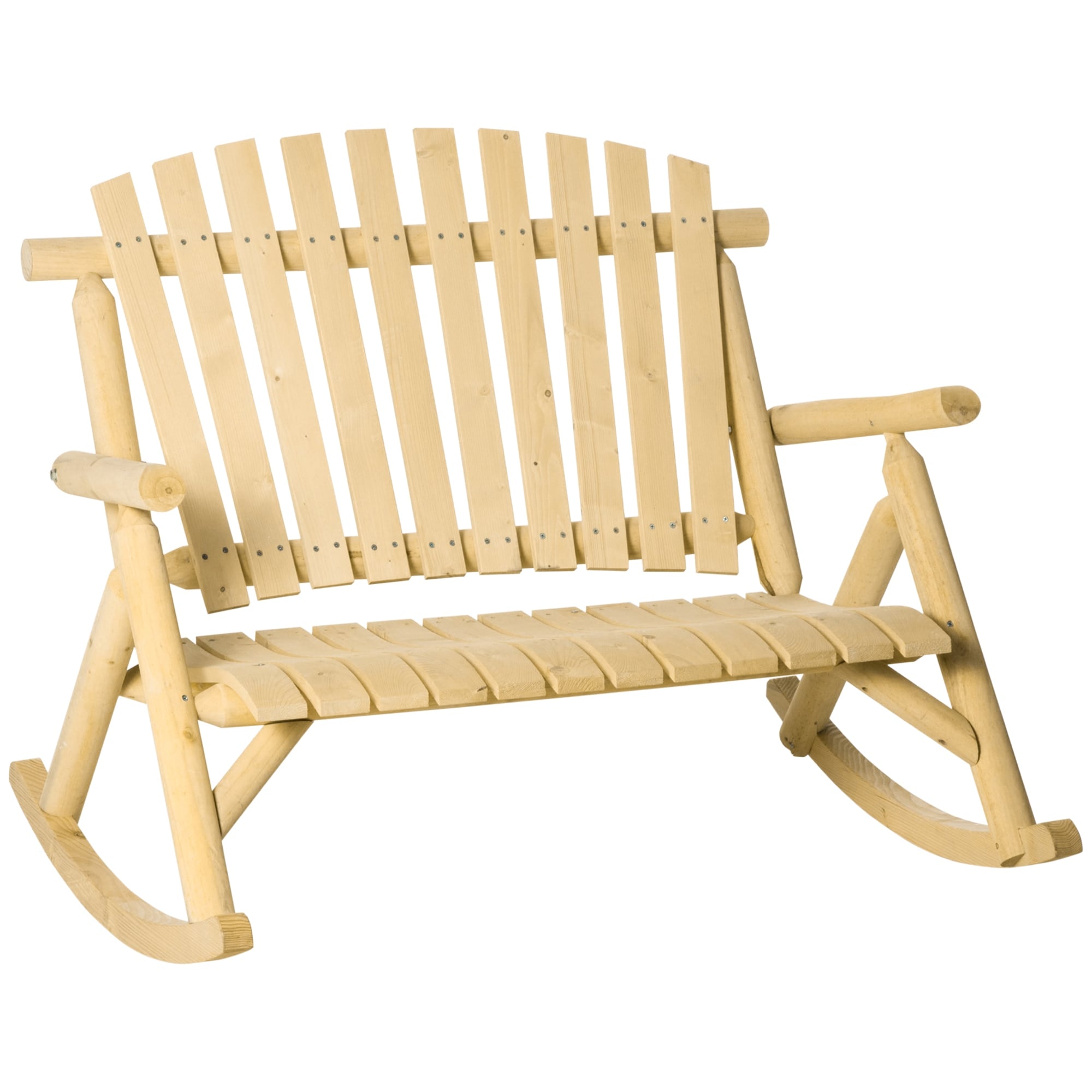 Double Wooden Porch Rocking Bench, Adirondack Porch Rocker Chair, Heavy Duty Loveseat with High Rise Slatted Seat & Backrest