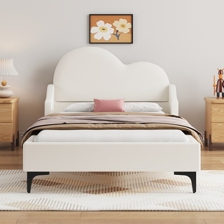 Twin Size Upholstered Platform Bed with Cloud-Shaped Headboard, Beige - Sturdy & Comfortable Design