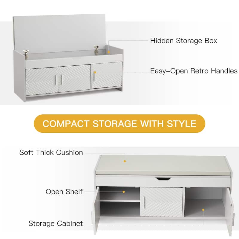 Wooden Entryway Storage Bench with Cushioned Seat - Hidden Compartment Shoe Bench, Multipurpose Hallway & Bedroom Storage