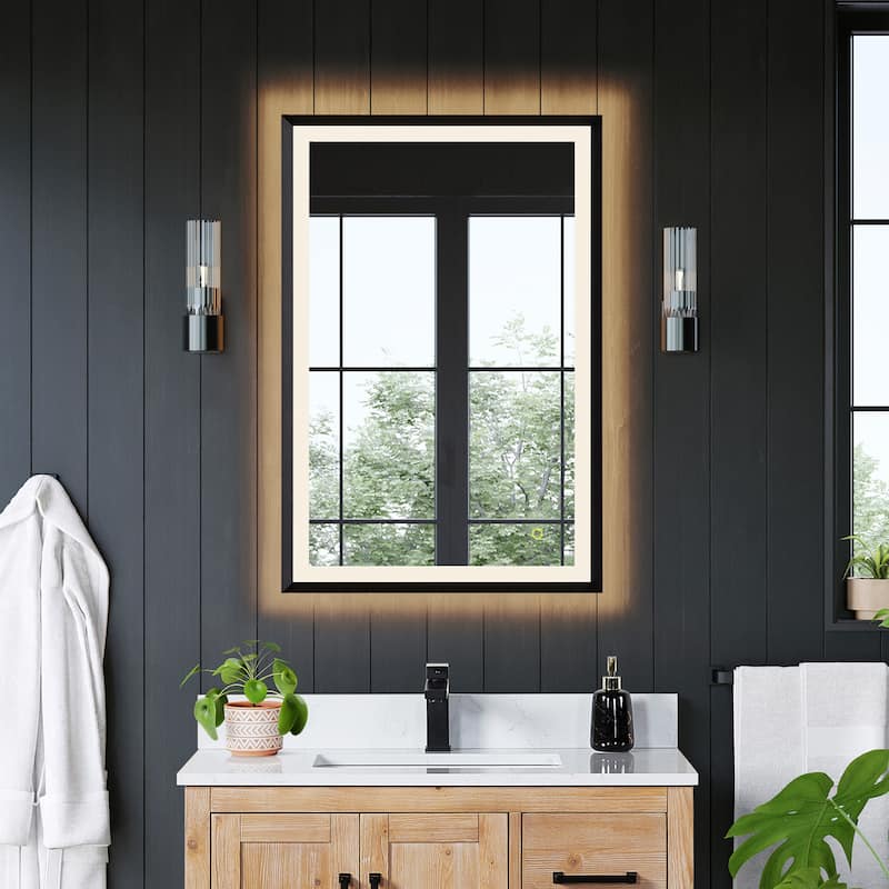 Apollo Rectangular Anti-Fog Dimmable Modern Bathroom/Vanity LED Lighted Wall Mirror in Matte Black Aluminum Framed