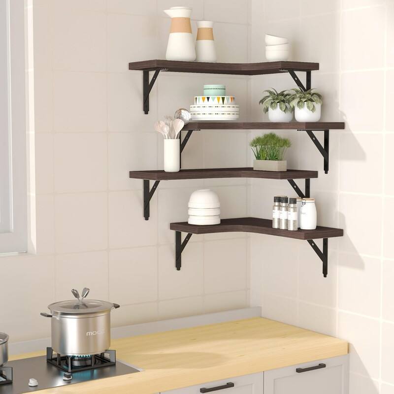 Corner Floating Shelves Wall Mounted Set of 4 Rustic Wood Storage - 16"D x 11.4"W x 0.6"H