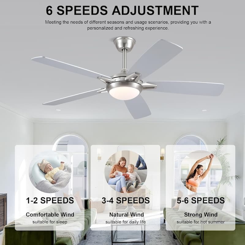 46“/52” Inch Modern Ceiling Fan with LED and Remote,5 Plywood Blades,Remote and APP Control