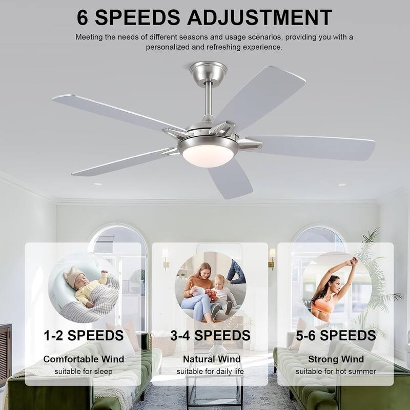 52" Modern Quiet Ceiling Fan with Light and Remote 6 Speed Airflow Bright Light for Bedroom Living Room Patio - 52 Inches