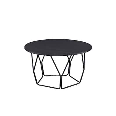 Industrial Round Top Wooden Coffee Table with Geometric Base, Black - 18 H x 32 W x 32 L Inches