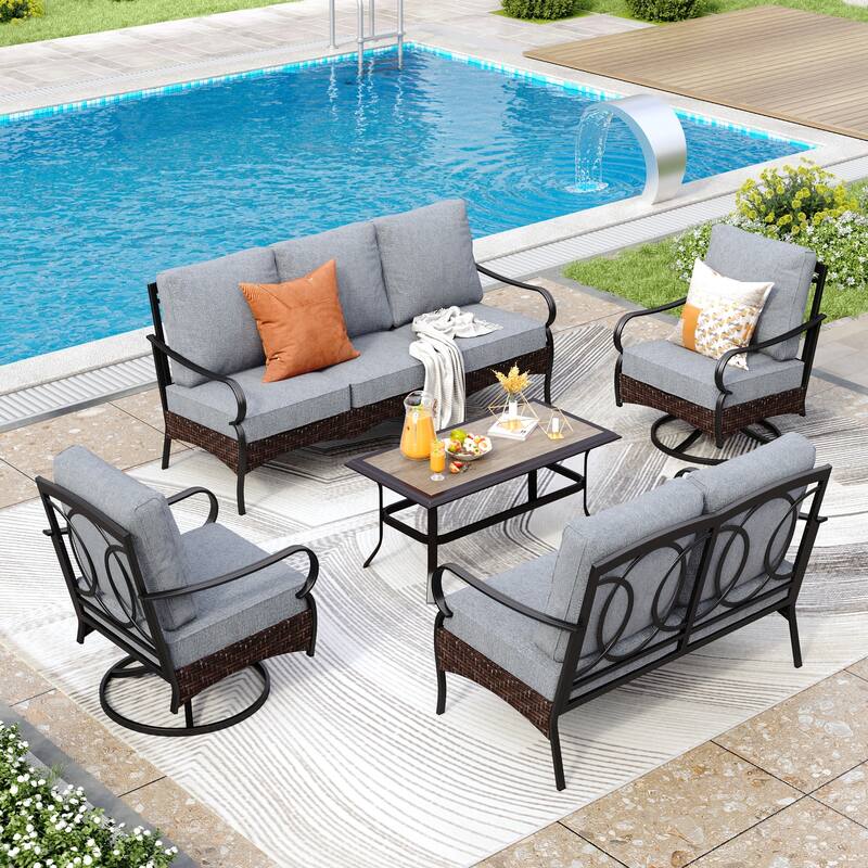 MAISON ARTS Modern Outdoor Patio Furniture Set with Waterproof Cushions - 5-Piece Wicker & Metal Conversation Set - Swivel Chair - Grey