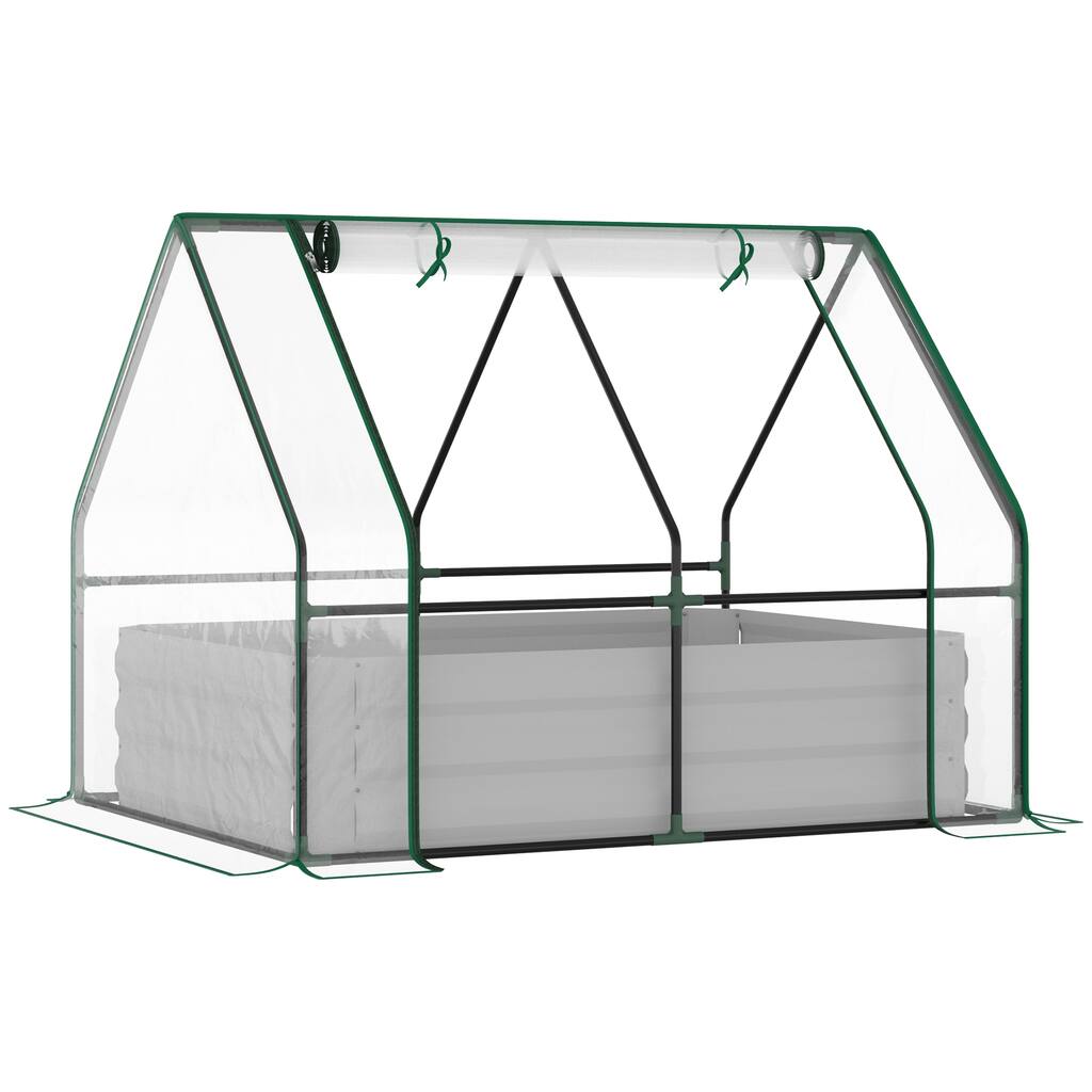 4' x 3' Galvanized Raised Garden Bed with Mini PVC Greenhouse Cover,Outdoor Metal Planter Box with 2 Roll-Up Windows