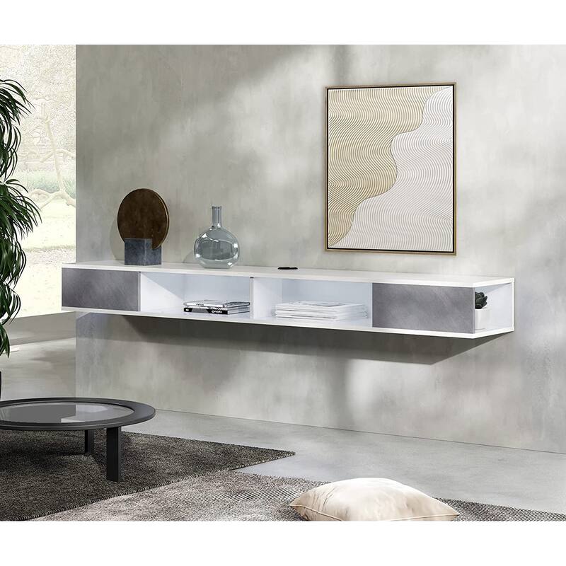 Floating TV Stand Entertainment Center with Open Storage,White and Grey - Big