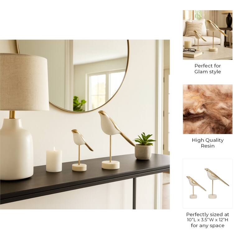 Exquisite Bird Figurine Sculpture - Set of 2, 12", White - 12.0"