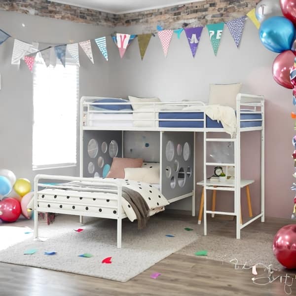 slide 2 of 8, Modern Geo Cutout Colorful Twin L-Shaped Bunk Bed White+Cool