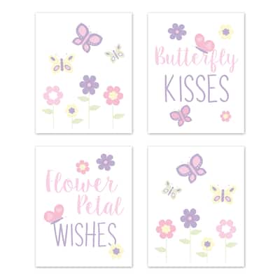 Butterfly Collection Wall Decor Art Prints (Set of 4) - Pink and Purple Floral Flower Garden Kisses and Wishes
