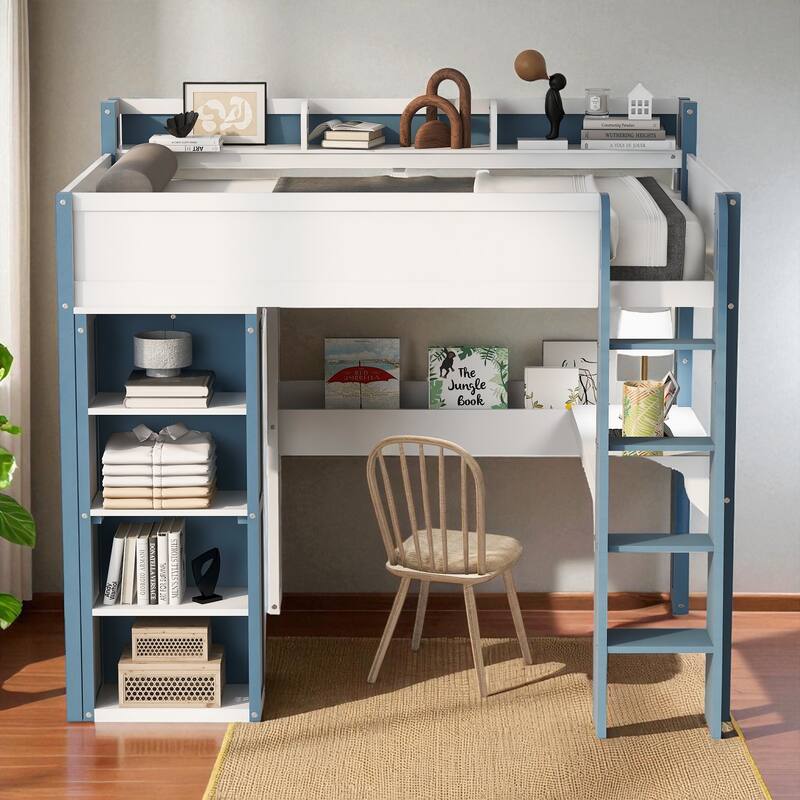Full Size Wood Loft Bed with Desk, Wardrobe Storage, Shelves & Clothes Rail, 500 lb Bed Capacity, 77.8 x 70.1 x 75.6 in