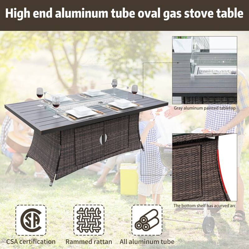 7-piece Aluminum Fire Pit Table and Wicker Chairs Set for Outdoor