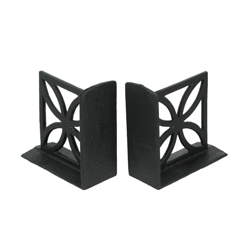 Zeckos Black Cast Iron Floral Breeze Block Bookends (Set Of 2) - 5 X 5.25 X 2.25 inches