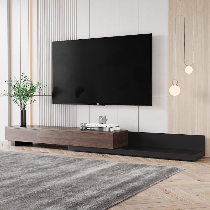 3-Drawer Retracted Extendable TV Stand Media Console In Stretch - 70.9" - 110.2" - Walnut&Black