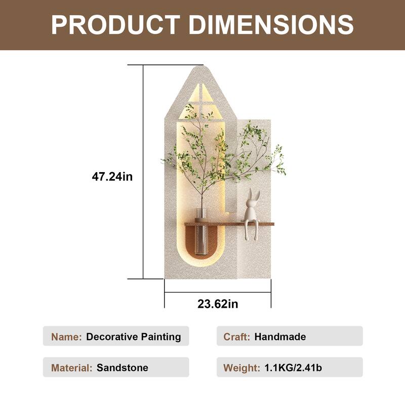 Adjustable 3-Color LED Sandstone Wall Decor with Simulated Green Plants - 3D Art Sculpture, Glass Vase & Rabbit Statue