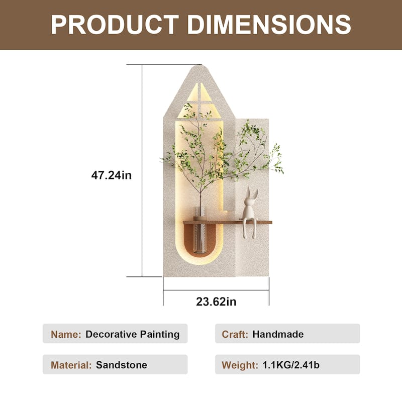 Roomfitters LED Sandstone Wall Art with 3D Vase, 3 Color Light Strip & Fake Rabbit Statue for Living Room, Light Coffee