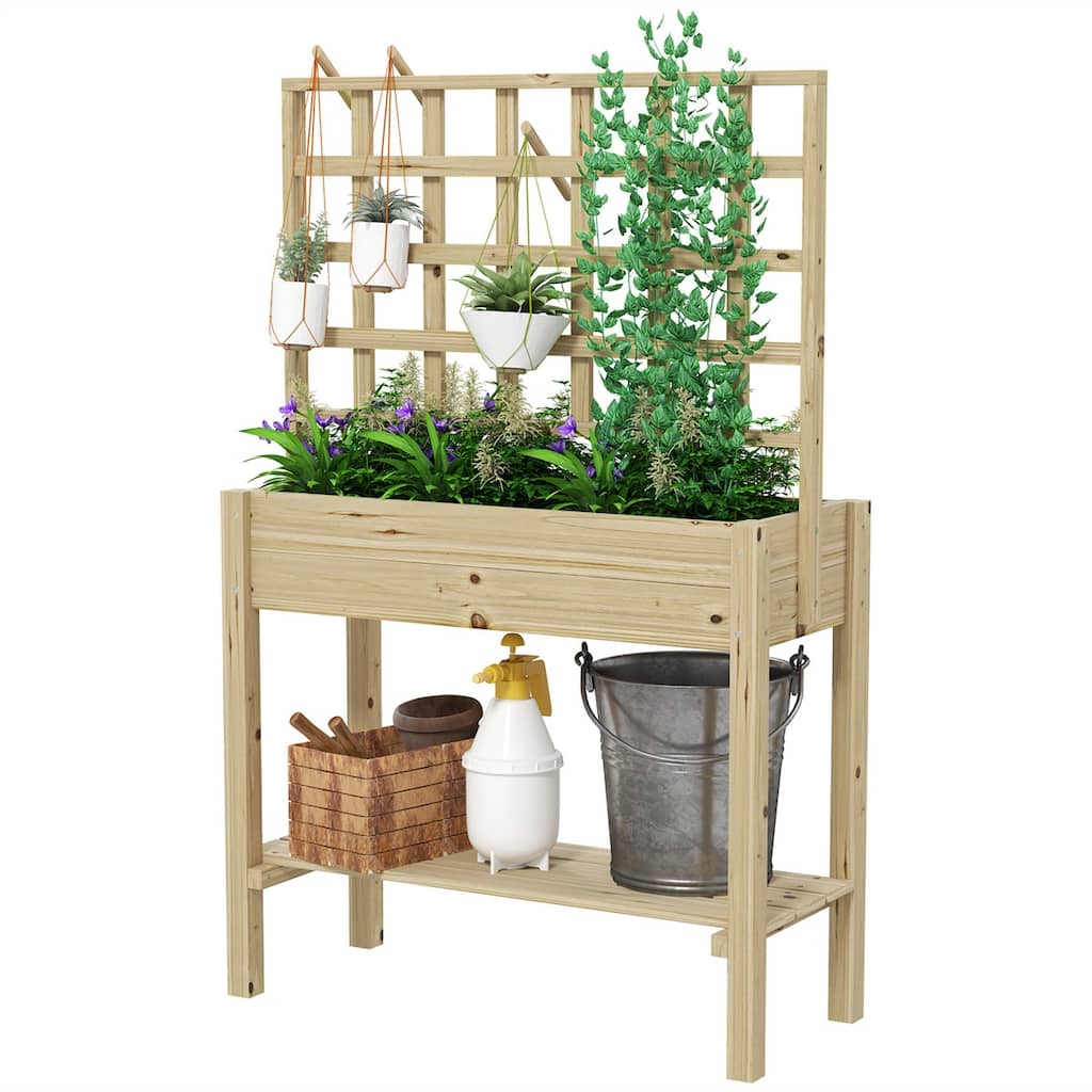 Natural Fir Wood Raised Garden Bed with Trellis and Storage Shelf - 34.6" W x 14.6" D x 55.9" H