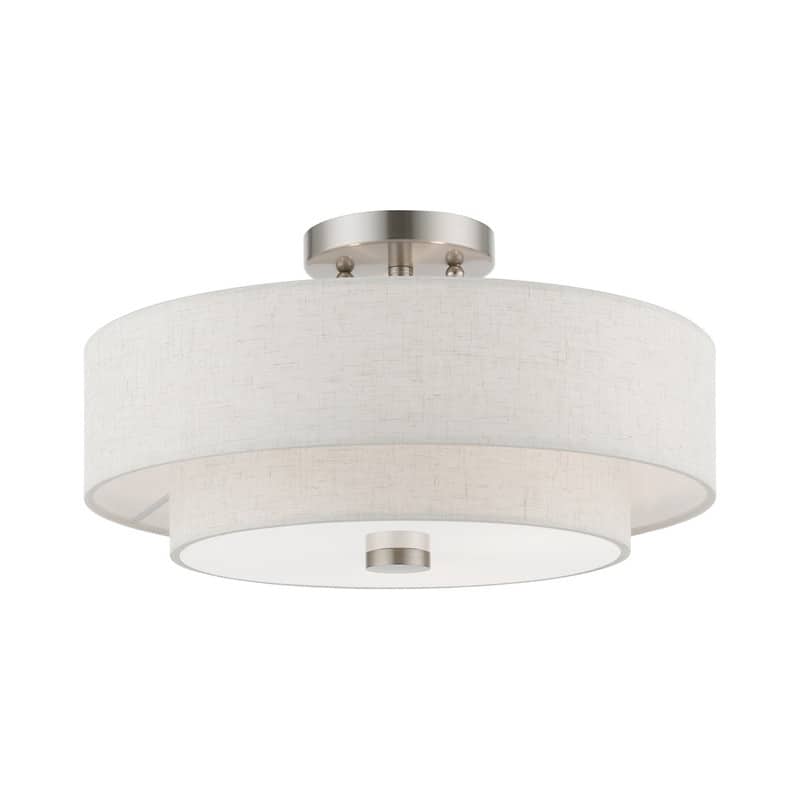 Livex Lighting 3-light Fabric Shade Flush Mount, 51084-92, 51084-91 - Brushed nickel with oatmeal color fabric shade - 15" DIA 8.25" H