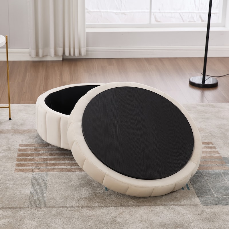 Round Ottoman with Storage, Channel Tufted Pumpkin-Shape Channel Footstool, Upholstered Footrest Stool with Reversible Lid