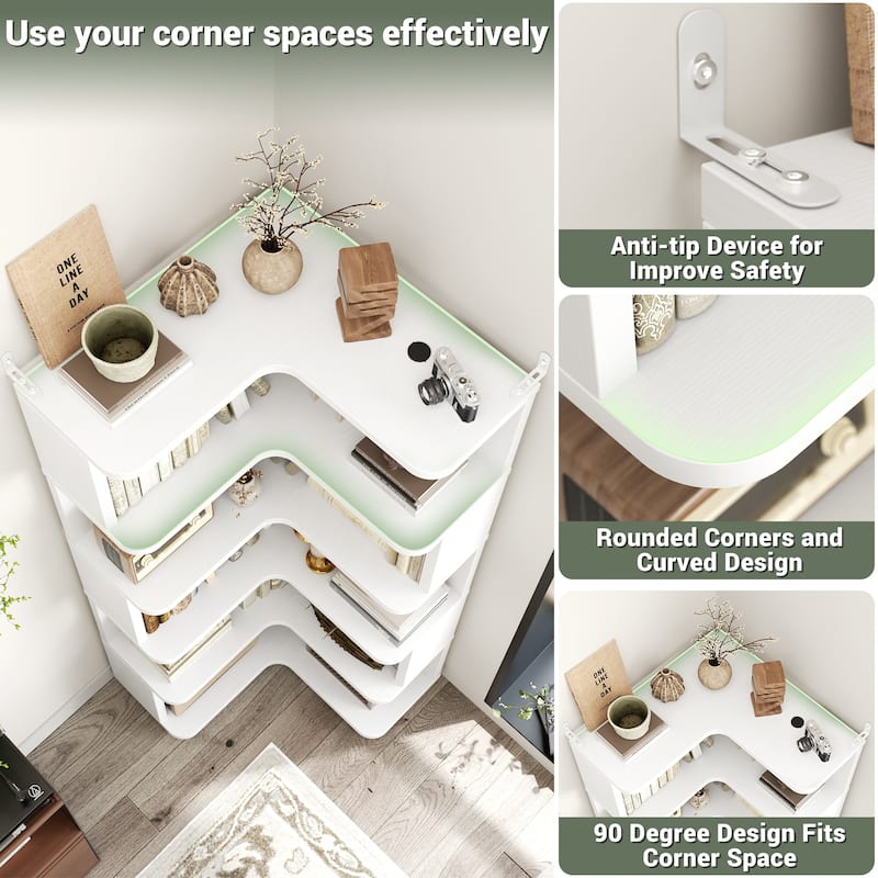5-Tier Corner Space Shelving Bookshelves, Freestanding Display Storage Shelving