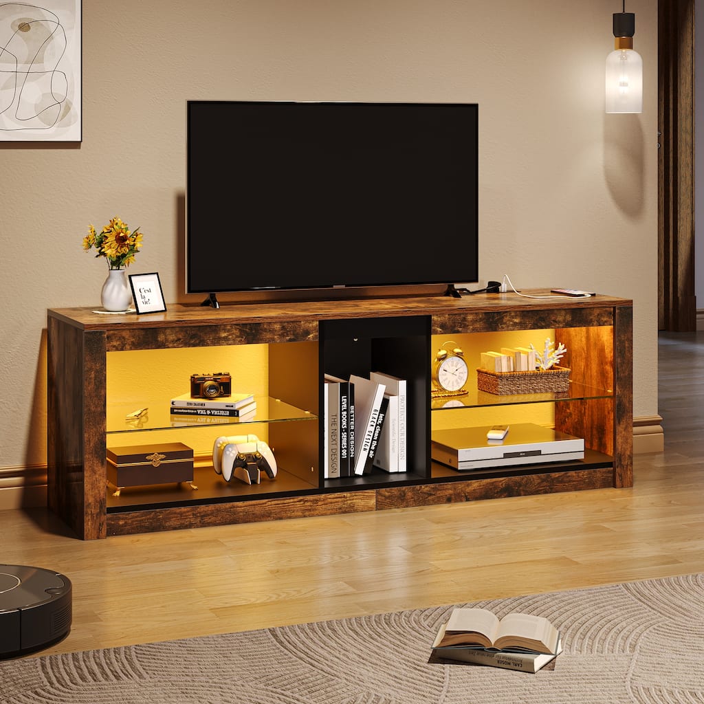 Moasis LED RGB TV Stand w/ Power Outlets for TVs up to 55/60" Entertainment Center with Glass Shelves