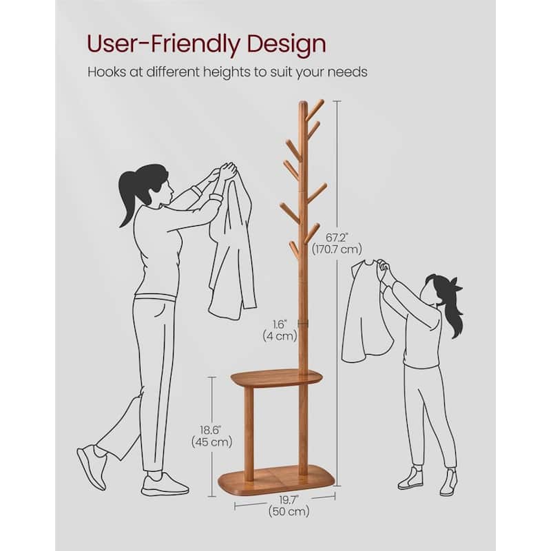 67.2" Tall Modern Wooden Coat Stand Hall Tree with Shelf and 8 Hanging Hooks for Entryway and Bedroom