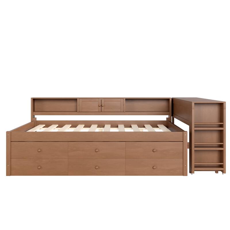 Full/Twin Daybed with Trundle & Storage Drawers - Wood Frame with Side Shelves and Desk