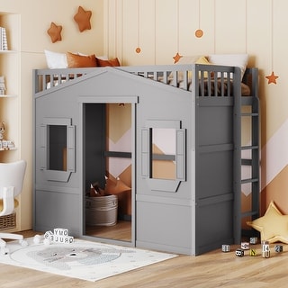Gray Castle Style Solid Pine Wood Loft Bed with Ladder and Guard Rails