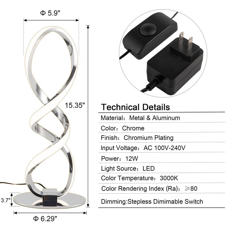 LED Modern Table Lamp, Small Unique Bedside Spiral Lamp Stepless Dimmable Silver Nightstand 12W, 3200K Warm White Desk Lamp