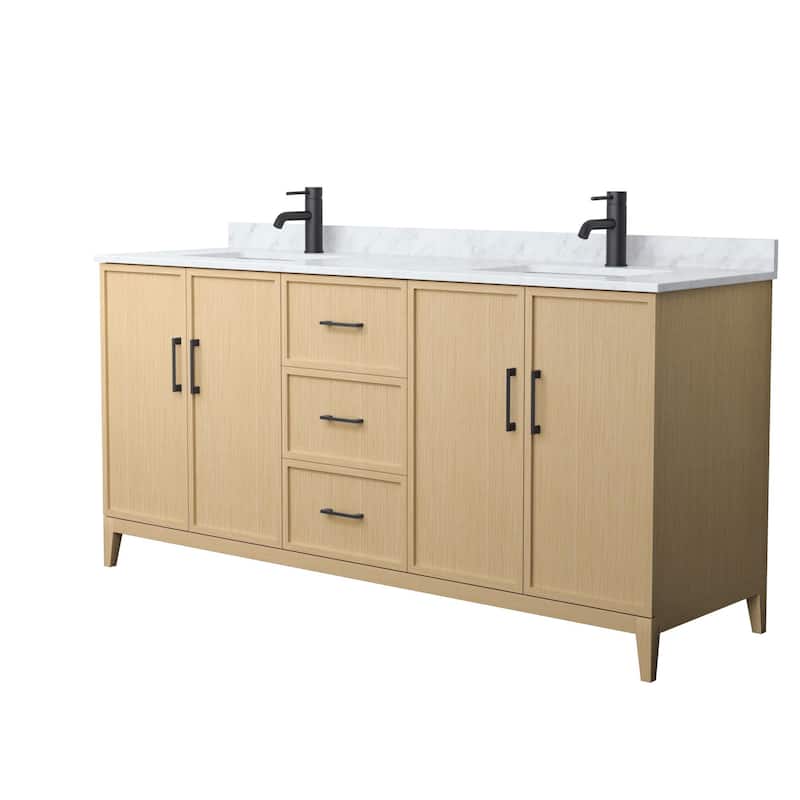 Elan 72-inch Double Vanity, Marble Top - White Oak, Black Trim, White Carrara Marble Top