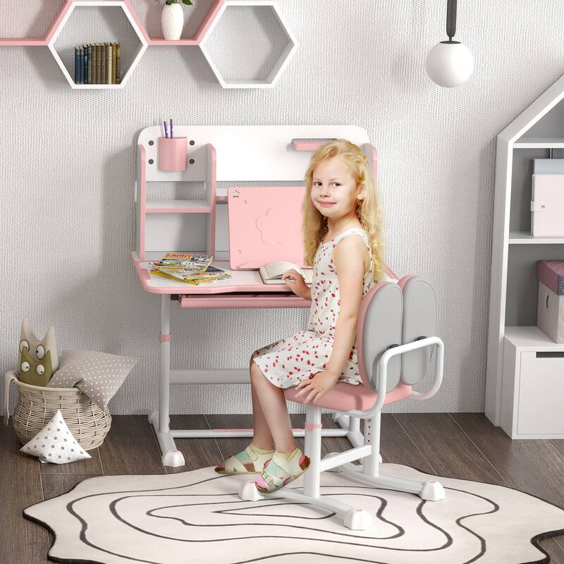 Modern Kids Ergonomic Desk and Chair Set with Tilting Desktop and Storage Features for Study Room and Bedroom - Pink