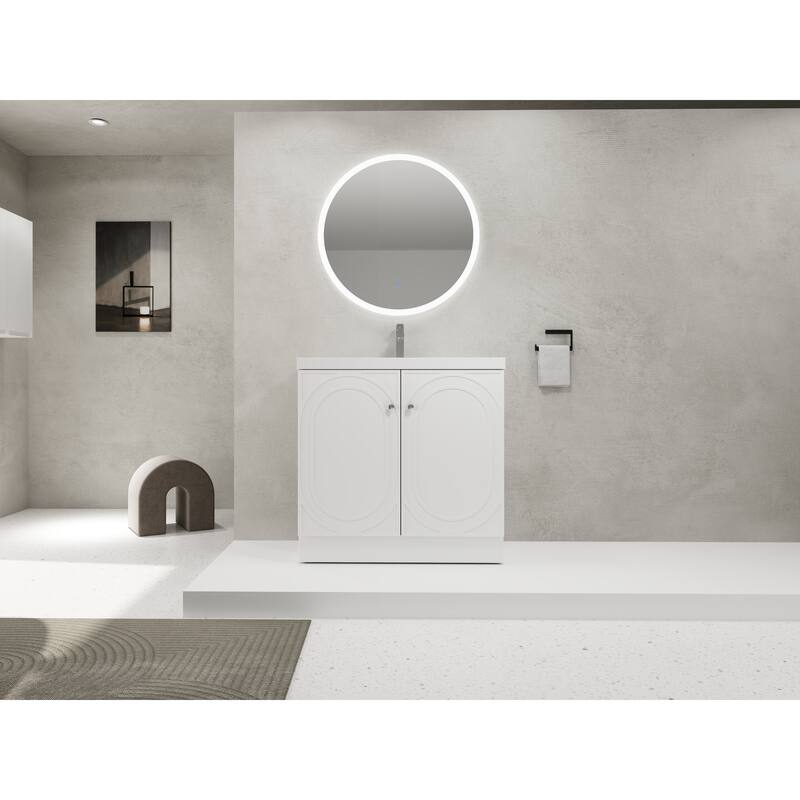 36" Freestanding Bathroom Vanity with White Resin Sink, Soft-Close Doors, Adjustable Shelf & 3 Metal Handles