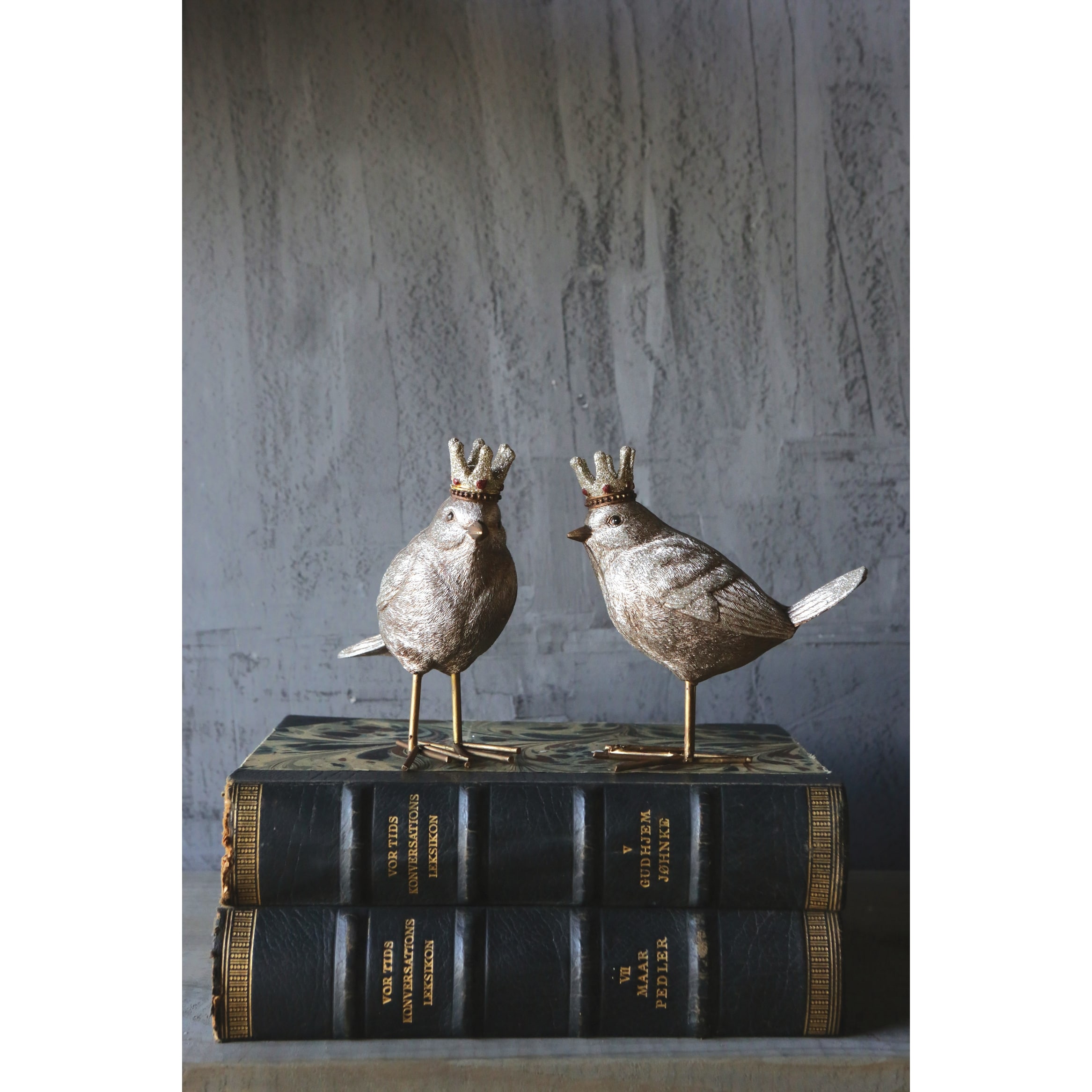 Resin Bird with Crown, Set of 2 - Gold