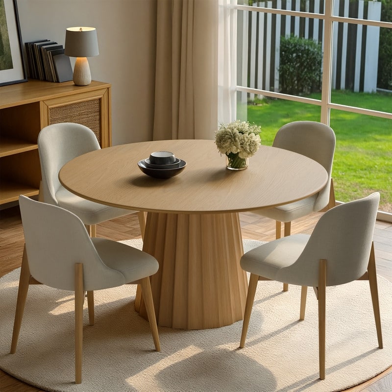 5-Piece Modern Round Dining Table Set with Upholstered Chairs Pedestal Base