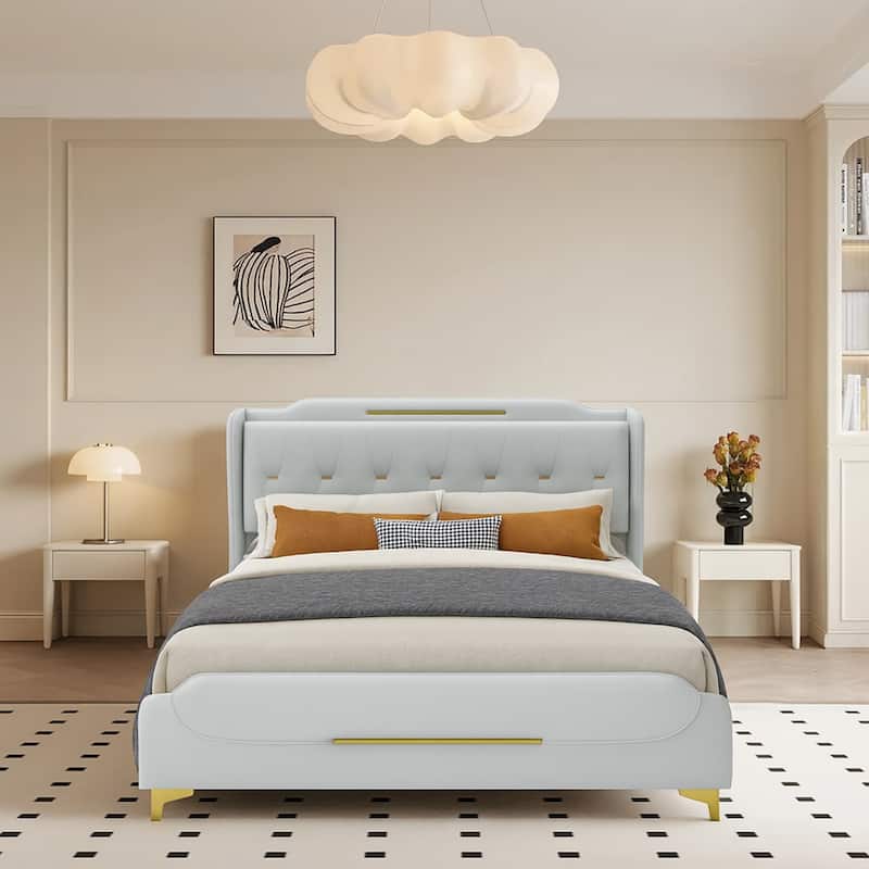 Modern PU Leather Upholstered Platform Bed - No Box Spring Needed - Green - Queen