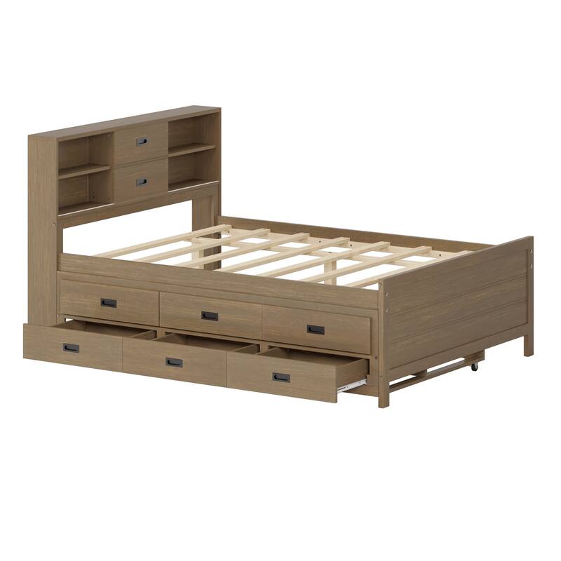 Full/Twin Size Captain Bed with Storage Bookcase Headboard,Captain bed with Trundle and Three Storage Drawer