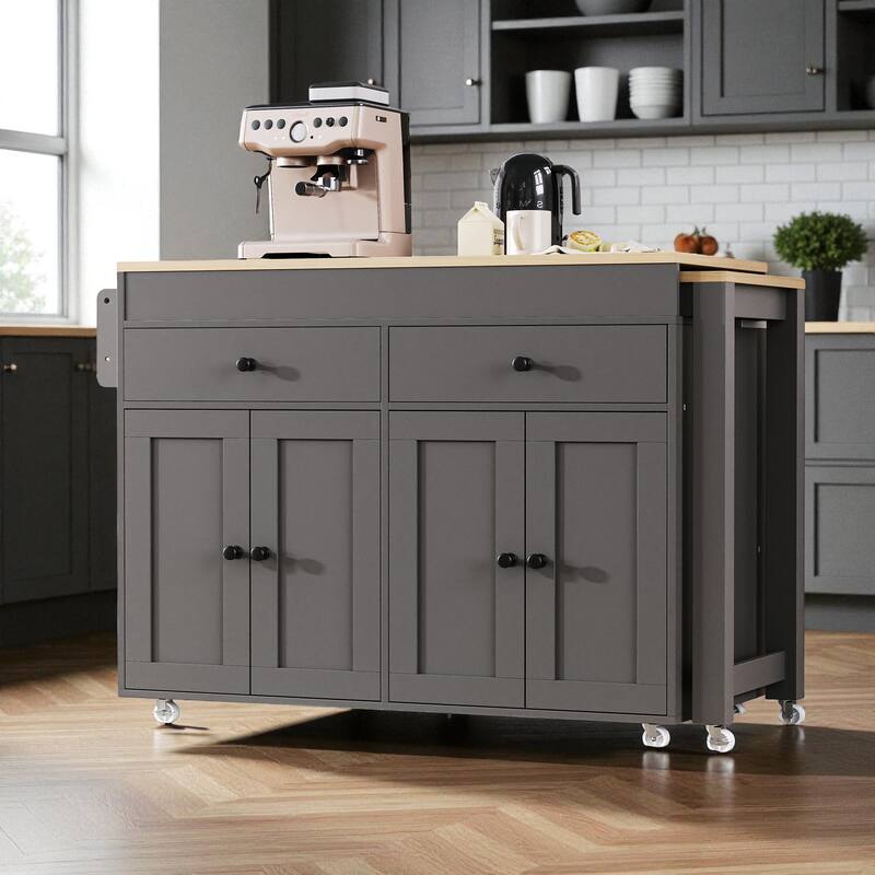 74.5" Extendable Kitchen Island with Dining Table, Rolling Storage Cart with 4 Doors, 2 Drawers, and Spice Rack